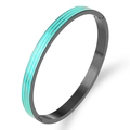 Detail view of black brushed stainless steel bangle with three turquoise enamel stripes - Black Green