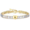Gold chain bracelet featuring rectangular cubic zirconia and a heart pendant with letter W - Gold W