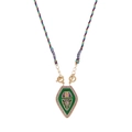 Bohemian tarot style necklace with green enamel shield pendant and woven cord - Green Necklace Style