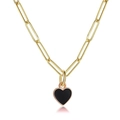 Golden paperclip chain necklace featuring a black enamel heart pendant for women - Paperclip Chain / Black