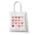 Bolso tote de lona blanca con una matriz 4x4 de 16 estampados artísticos de corazones rojos - Matriz de 16 Corazones Multicolores