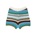 Detailed view of colorful striped crochet knit shorts with elastic high waist design - S / Bottoms / Blue Stripe