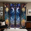 Celestial sun and moon art print curtains in dark blue polyester with metal grommets - Style 6