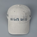 Detail of vintage washed grey cotton baseball cap with 3D Wealth embroidery and stitching - L (58-61cm) / Light Khaki