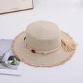 Light beige bohemian straw hat with seashell decor and fringe trim for summer beach travel - M(56-58cm) / Off White