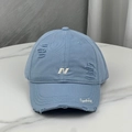 Distressed light blue baseball cap with letter N embroidery and wide curved brim - Blue