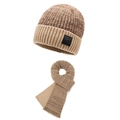 Winter men's knitted beanie and scarf set in khaki fleece lining and thick wool material - One Size / Khaki