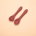 Burgundy silicone baby spoon and fork set for self-feeding in matte finish - Long Handle Fork and Spoon Set / Brick Red
