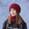 Set berretto e sciarpa in maglia rosso scuro da donna con calda fodera in pile e patch - Borgogna