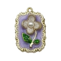 French vintage purple enamel flower pendant with white petals and gold leaf detailing - Purple Square Pearl Flower-22108