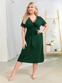 Close-up of deep green V-neck dress featuring delicate black lace trim and belt detail - 3XL / Dark Green