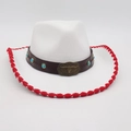 Cappello da cowboy bianco con bordo rosso e cinturino in pelle con teschio di toro - Stile Testa di Toro Turchese / Bianco Bordo Rosso