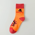 Funny Thanksgiving crew socks featuring orange turkey pattern and Happy text print - 08 Thanksgiving-Orange Red Hat Turkey