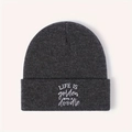 Dark grey knitted beanie featuring white Life is Golden with a doodle embroidery - Deep Heather Grey