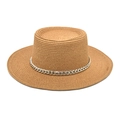 Detail of a brown woven boater hat with a decorative silver chain on a white background - M(56-58cm) / Khaki