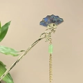 Klassische chinesische Haarnadel mit Goldfächer und blauer Quaste für Hanfu-Frisuren - Dunkelblauer Perlmutt Fächer Quaste Stil (8534)