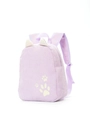 Detail view of purple corduroy kid backpack with cute cat ear design and paw prints - Light Purple