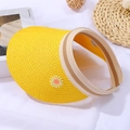 Detailed texture of yellow straw visor featuring daisy embroidery and striped headband - 50-52CM / Yellow Daisy Hat / Yellow