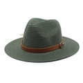 Detailed texture of dark green straw fedora with brown leather band and metal buckle - M(56-58cm) / Dark Green