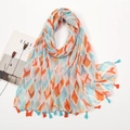 Orange and blue diamond pattern linen scarf with tassel fringe for casual styling - Orange Blue Diamond Pattern Style (XB1018)