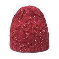 Winter knitted beanie in red mixed yarn with white speckled pattern on white background - M / Burgundy