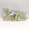 Green wooden Happy Easter hanging sign with white bunny and colorful eggs decoration - Green Easter Letter Bunny