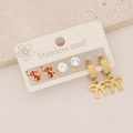 Detailed set of stainless steel earrings featuring red elephant and gold bow studs - Red Elephant White Zirconia Gold Bow Set (5#)