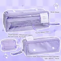 Purple multi-pocket large capacity pencil case with transparent window and zipper - Purple/Transparent Window
