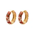 Detail view of 18k gold plated hoop earrings with enamel floral patterns and dimensions - Red