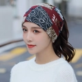 Three-tone knit neck warmer with LOVE pattern and spiral design in red and navy - One Size / 86 Wine Red Plaid