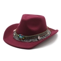 Burgundy wool felt cowboy hat with bohemian beads turquoise stone and tassel detailing - M(56-58cm) / Burgundy