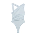 Light blue asymmetric one-shoulder mesh bodysuit with elegant ruched waist details - Light Blue