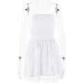 Detailansicht weißes trägerloses Kleid mit Netzeinsätzen und subtiler Glitzer-Stoffstruktur - S / Weiß