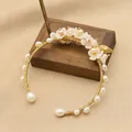 Handmade open gold wire bracelet featuring white shell flowers and pearls - Floral Bowl Style (GB0982)