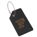 Premium black leather luggage tag featuring a gold embossed letter F and steel loop - Letter F