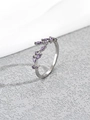 Silver vine leaf ring with micro-pave purple zircon gemstones and adjustable open band - Silver Base All Purple