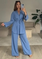 Morandi blue two-piece lounge set with drawstring long-sleeved top and wide-leg pants - S / Blue