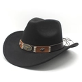 Classic black wool felt western cowboy hat with brown leather band and longhorn cattle logo - M(56-59CM) / Black