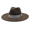 Detail of a dark brown wide brim wool fedora with a black and white striped ribbon band - M (56-58cm) / Brown