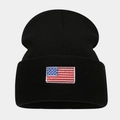 Bonnet en tricot noir classique avec broderie drapeau américain pour l'hiver chaud - Noir