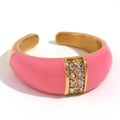 18K gold plated stainless steel open ring with pink enamel and sparkling crystals - Gold Pink