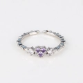 Detail of silver heart ring with purple and white zirconias on textured open band - Three-Diamond Heart Purple White Gold Style (Style 20 White Gold)