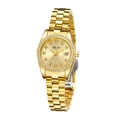 Women's gold tone quartz watch with crystal bezel and stainless steel strap on white background - Gold