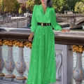 Elegant green sequin V-neck long sleeve top and maxi skirt set with belt for women - Green with Belt