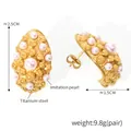 Detail view of gold titanium steel teardrop earrings with embedded white shell pearls - Gold Color Earrings (F1477) / Gold