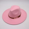 Detail of pink wool fedora hat featuring a brown leather strap and gold metal buckle - Pink (Heart Buckle)