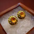 Vintage gold-plated oval earrings with amber gemstone and green enamel leaf accents - Green Round Gem (27#)