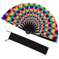 Detail of psychedelic rainbow pattern hand fan with black bamboo ribs and velvet pouch - A10 Rainbow Feather
