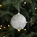 Silver 8cm Christmas ball ornament with sparkling glitter and stars on green tree - Silver Glitter Ball Style C