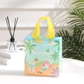 Detailed view of non-woven beach bag with bright yellow handles and summer theme print - Yellow Handle Summer Beach Scene (3003-1) / Medium